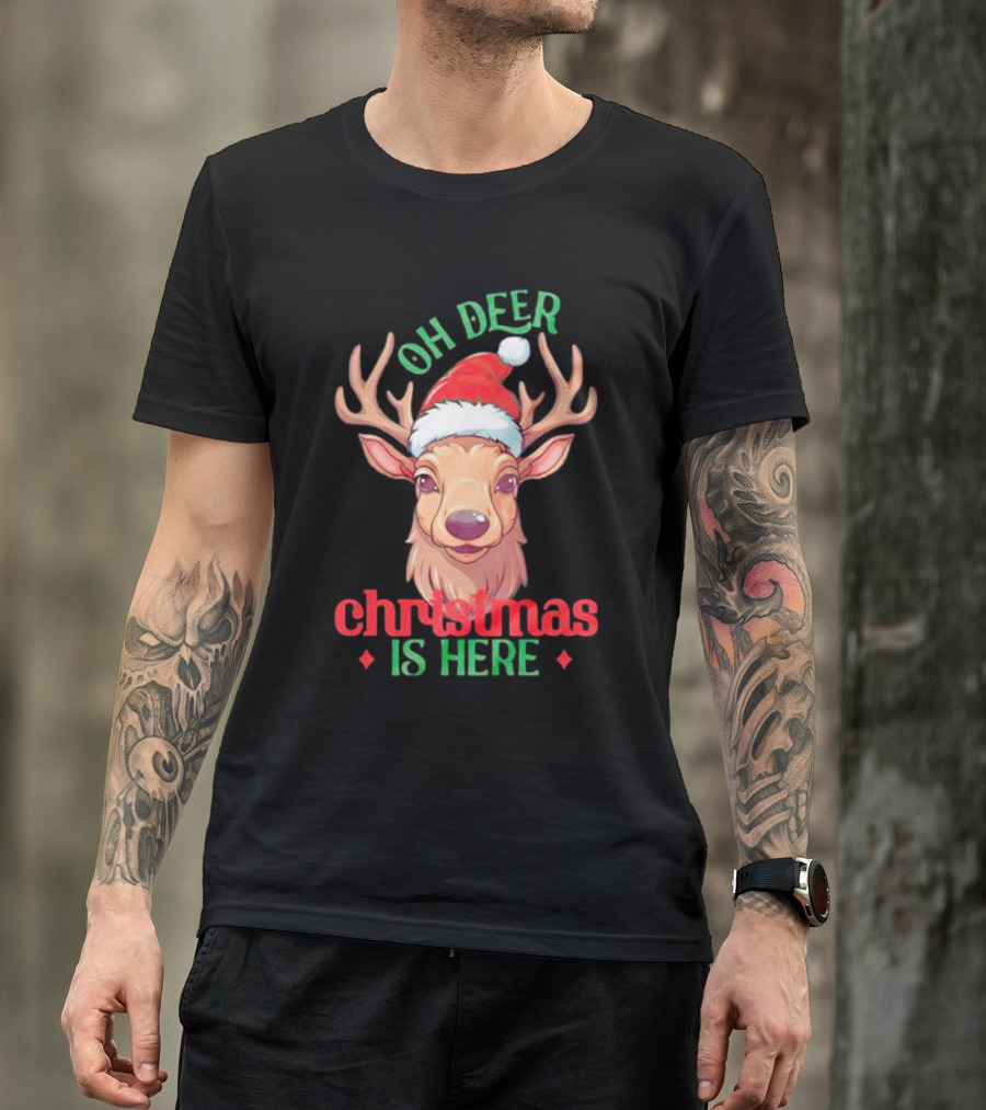 Oh Deer Christmas Is Here Festive Reindeer Santa Hat T-Shirt