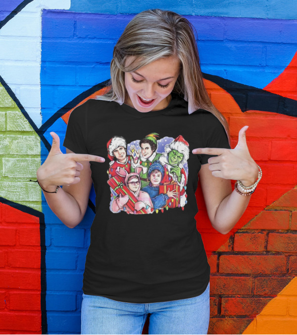 Christmas Friends Movie Character Santa Elf Grinch Pink Bunny T-Shirt
