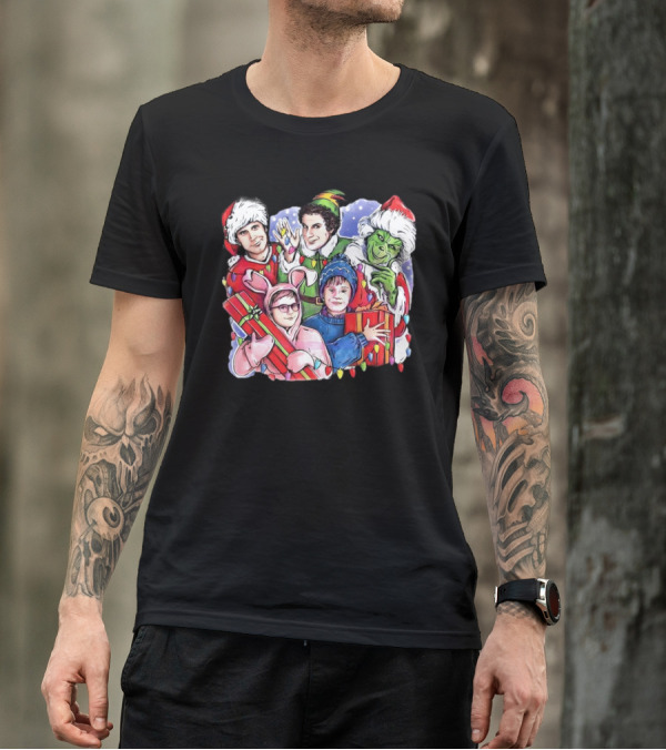 Christmas Friends Movie Character Santa Elf Grinch Pink Bunny T-Shirt