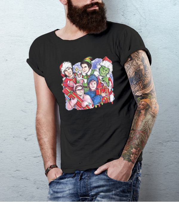Christmas Friends Movie Character Santa Elf Grinch Pink Bunny T-Shirt