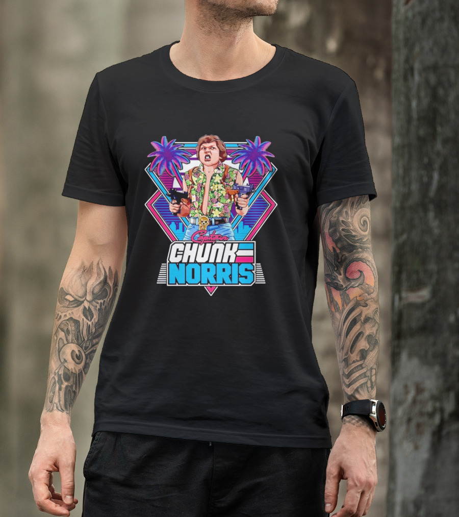 Captain Chunk Norris Retro Miami Vice Styled Character With Dual Pistols And Neon Palm Trees T-Shirt