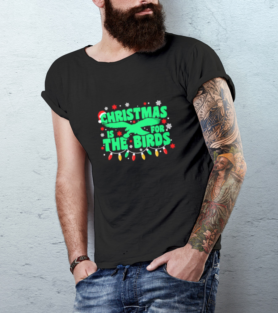 Christmas Is For The Birds Festive Holiday Lights Snowflakes Santa Hat T-Shirt
