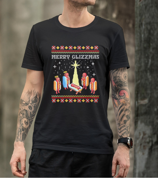 Merry Glizzmas Nativity Hot Dog Angels Scene Ugly Christmas T-Shirt