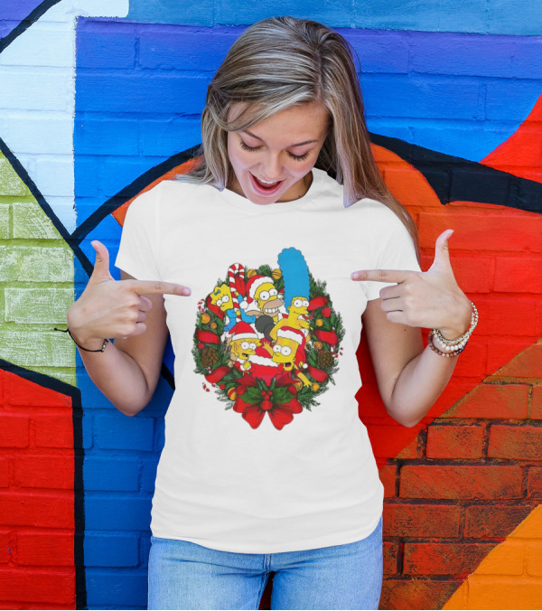 The Simpsons Holiday Wreath With Santa Hats And Candy Canes T-Shirt