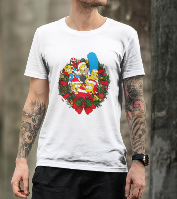 The Simpsons Holiday Wreath With Santa Hats And Candy Canes T-Shirt