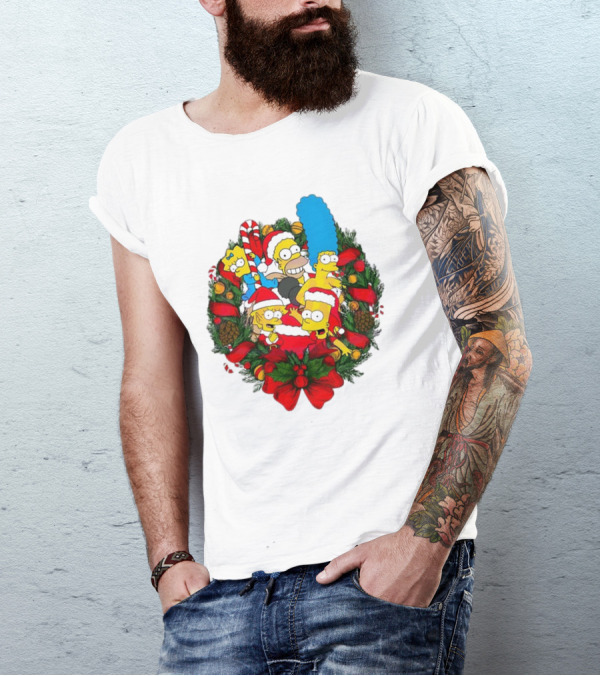 The Simpsons Holiday Wreath With Santa Hats And Candy Canes T-Shirt