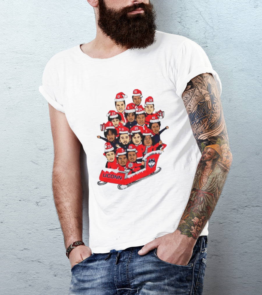 UConn Huskies Christmas Cartoon Sled Team Santa Hats T-Shirt