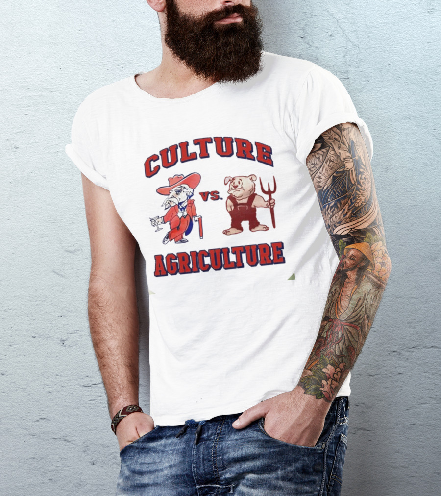 CULTURE VS AGRICULTURE CARTOON RED HAT AND PITCHFORK CHARACTERS T-Shirt