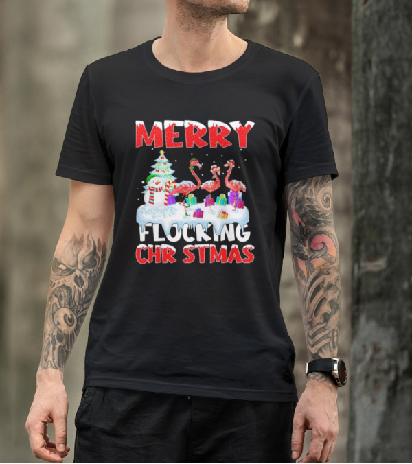 Merry Flocking Christmas Flamingo And Snowman Festive T-Shirt