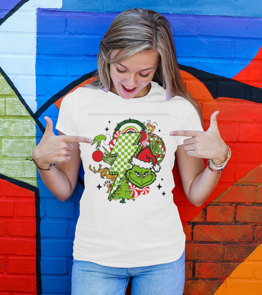 Grinch Christmas Checkered Lightning Bolt With Friends And Festive Decorations T-Shirt