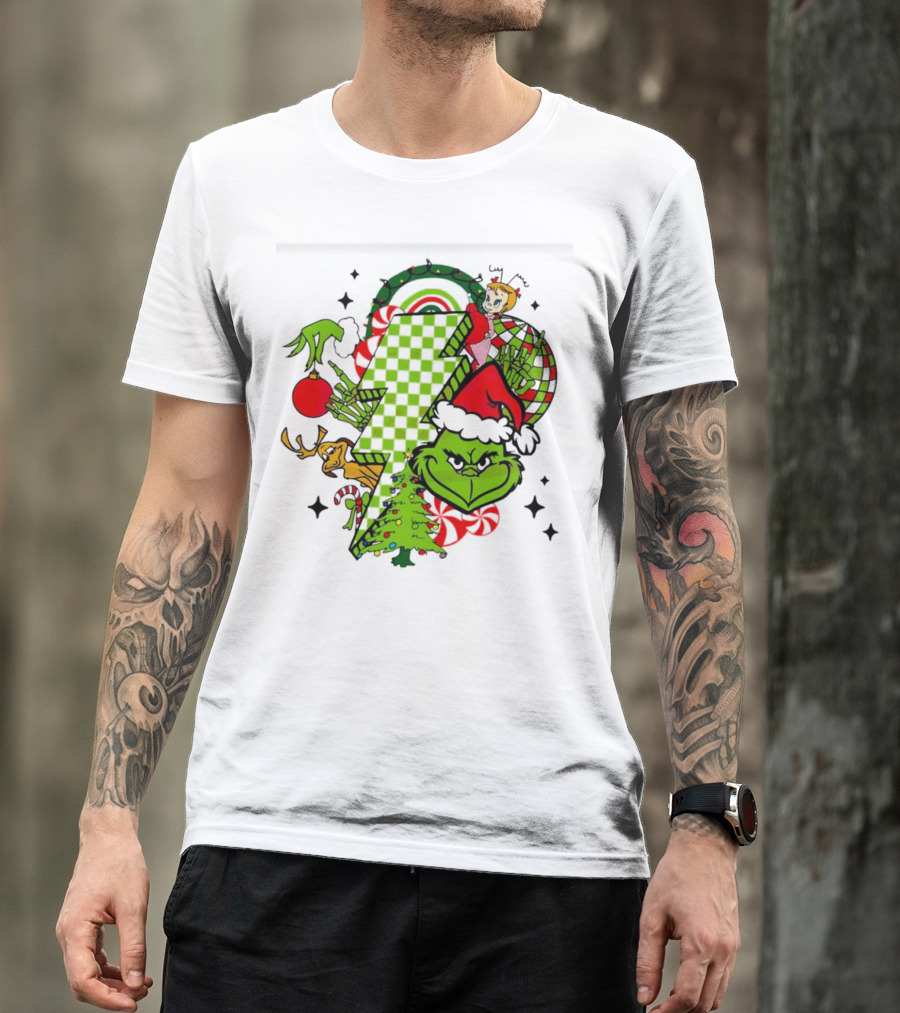 Grinch Christmas Checkered Lightning Bolt With Friends And Festive Decorations T-Shirt