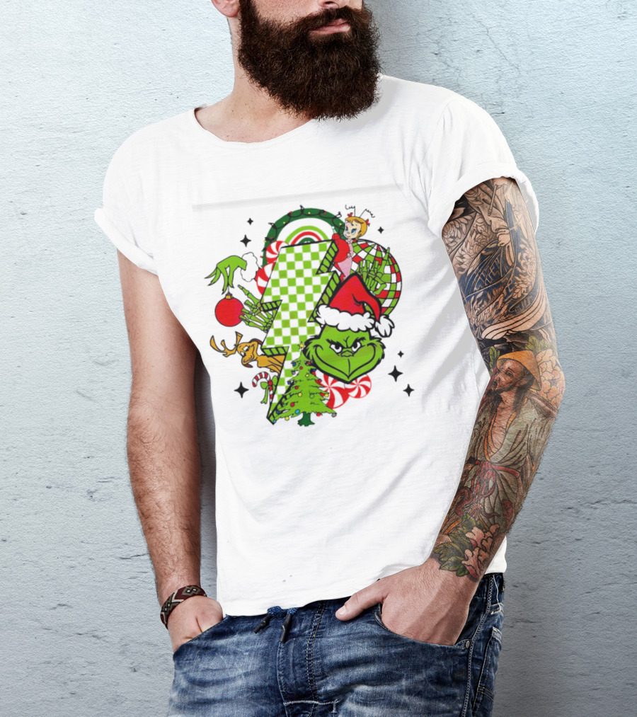 Grinch Christmas Checkered Lightning Bolt With Friends And Festive Decorations T-Shirt