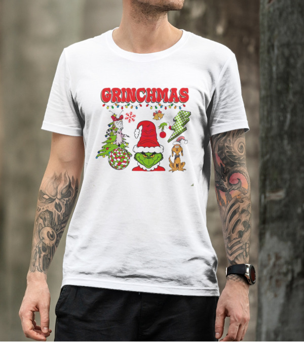 Grinch Grinchmas Red Hat Christmas Tree Max Dog Lightning Bolt Ornaments T-Shirt