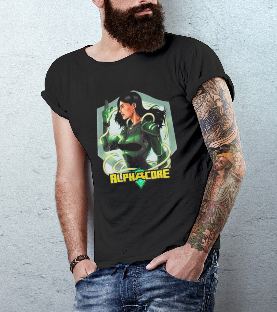 Ingrid Valdez Alphacore Heroic Green Warrior With Futuristic Elements T-Shirt