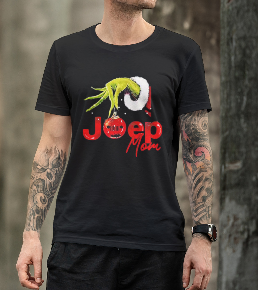 Grinch Hand With Santa Hat Holding Christmas Ornament Jeep Mom T-Shirt