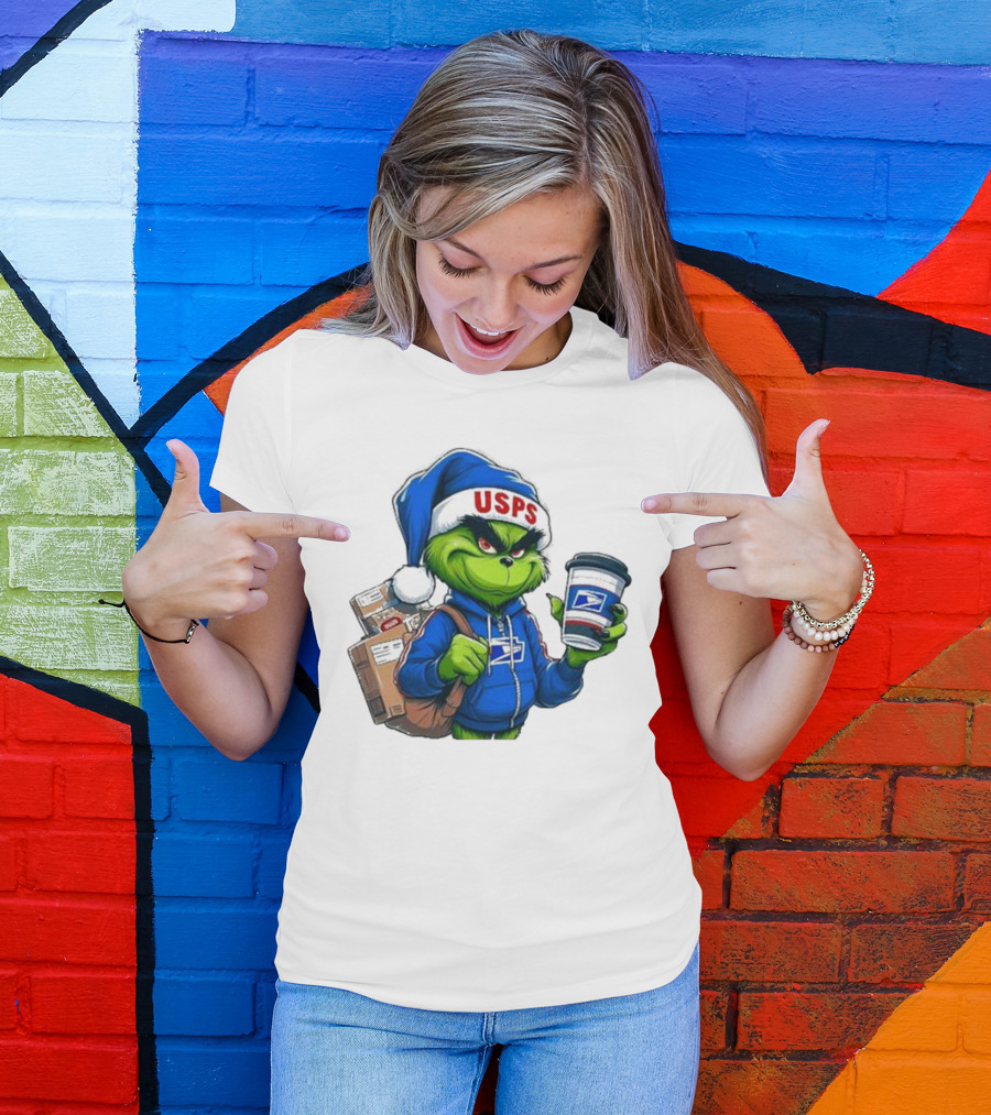 USPS Grinch Merry Christmas Delivery With Packages And Coffee T-Shirt