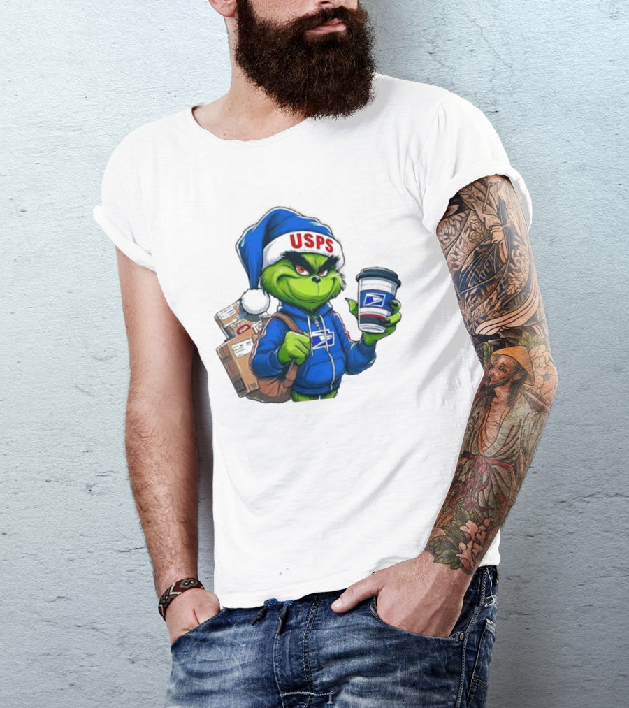 USPS Grinch Merry Christmas Delivery With Packages And Coffee T-Shirt