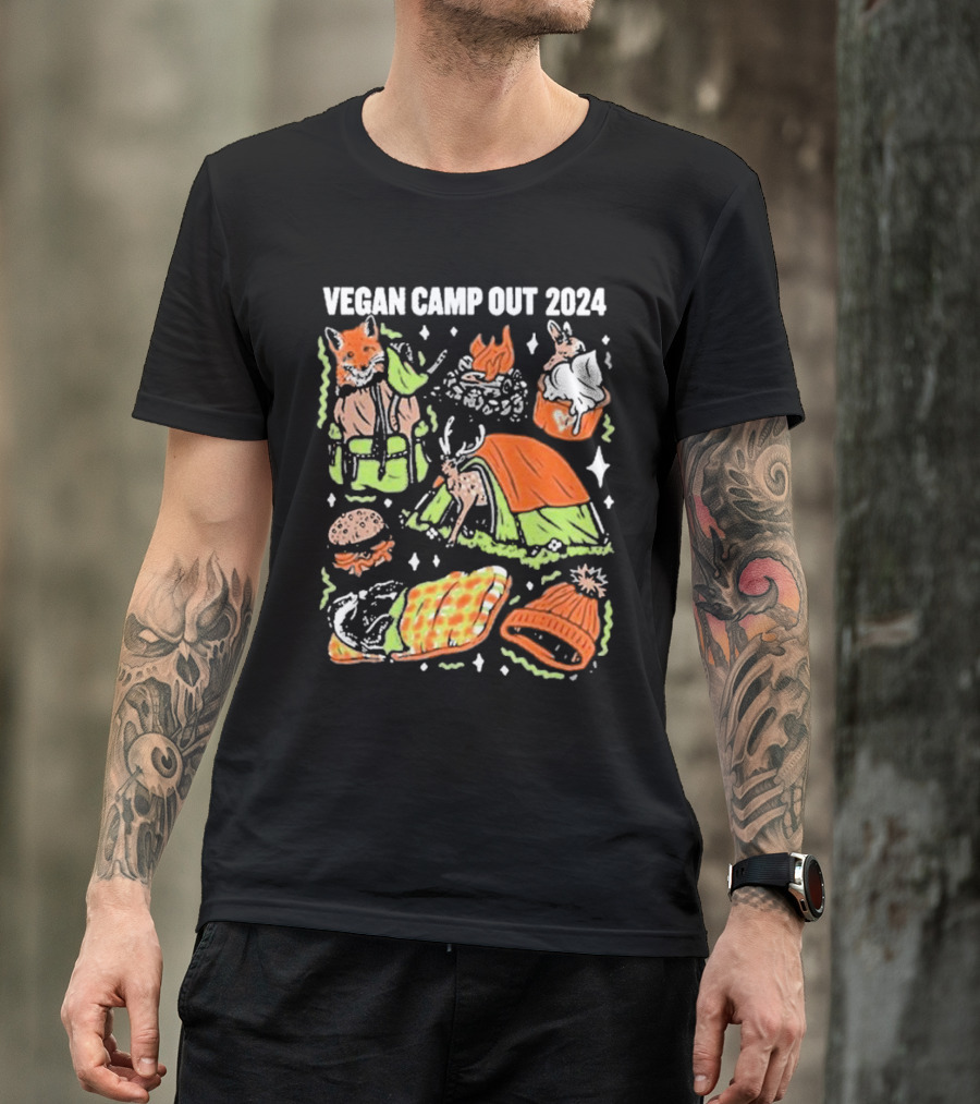 Vegan Camp Out 2024 Fox Rabbit Campfire Tent Blanket Beanie BBQ Burger T-Shirt