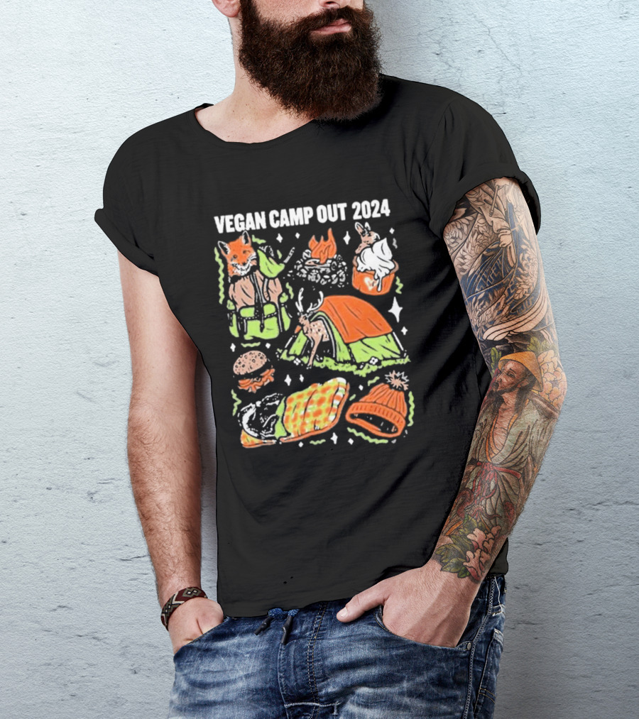 Vegan Camp Out 2024 Fox Rabbit Campfire Tent Blanket Beanie BBQ Burger T-Shirt