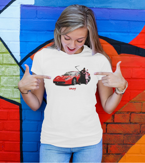 Club Scared Of Love Red Sports Car And Grim Reaper With Pink Figure T-Shirt
