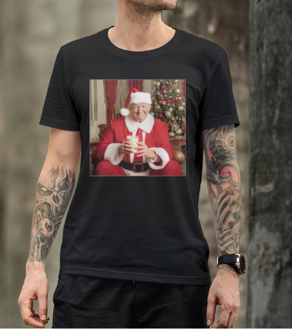Santa Donald Trump Claus Christmas Drinking Milk By Festive Tree T-Shirt