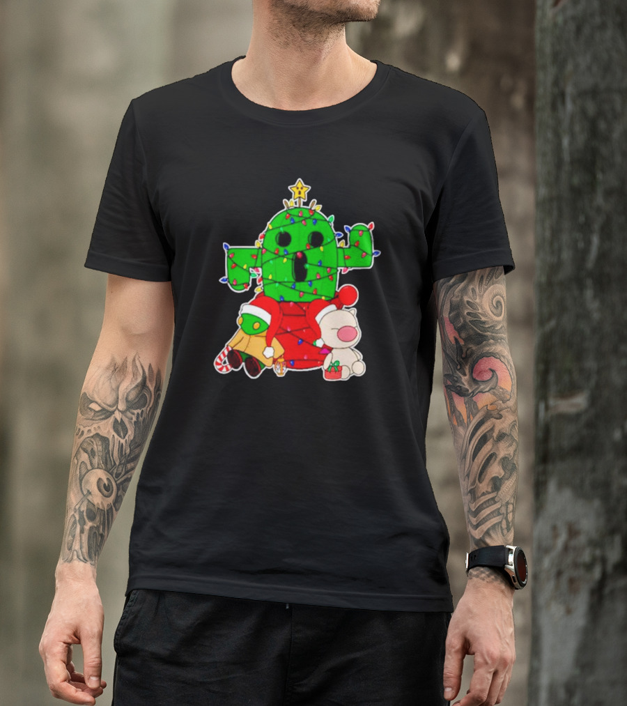Christmas Moogle Cactuar Wrapped In Lights Star Topped Festive Scene T-Shirt