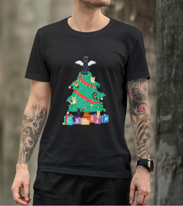 Cam Fam Christmas Tree With Cats And Holiday Blocks T-Shirt