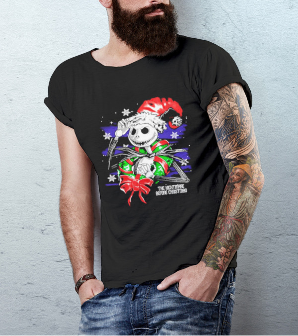 The Nightmare Before Christmas Jack Skellington In Santa Hat And Grinch Green Scarf T-Shirt
