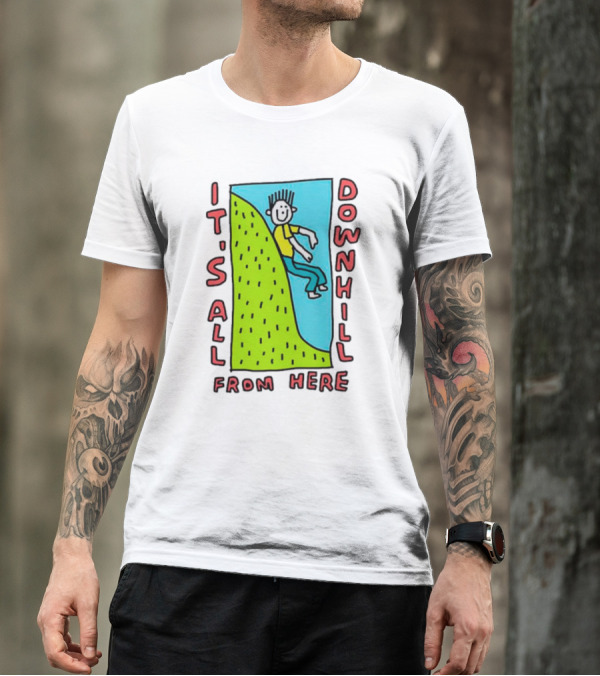 IT'S ALL DOWNHILL FROM HERE Cartoon Character Sliding Down Green Hill T-Shirt