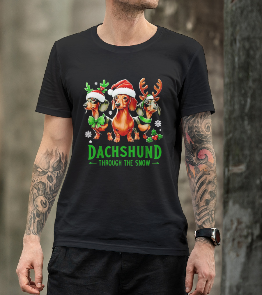 Dachshund Through The Snow Santa Hat Reindeer Antlers Christmas Bow T-Shirt