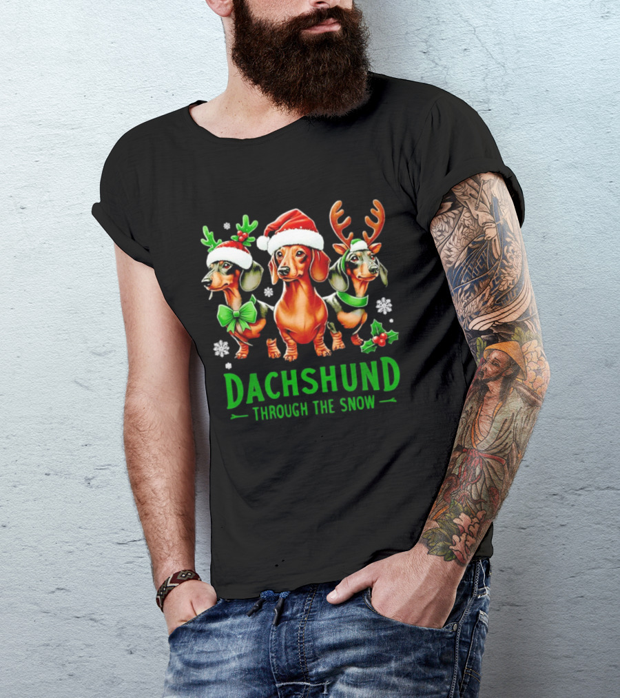 Dachshund Through The Snow Santa Hat Reindeer Antlers Christmas Bow T-Shirt