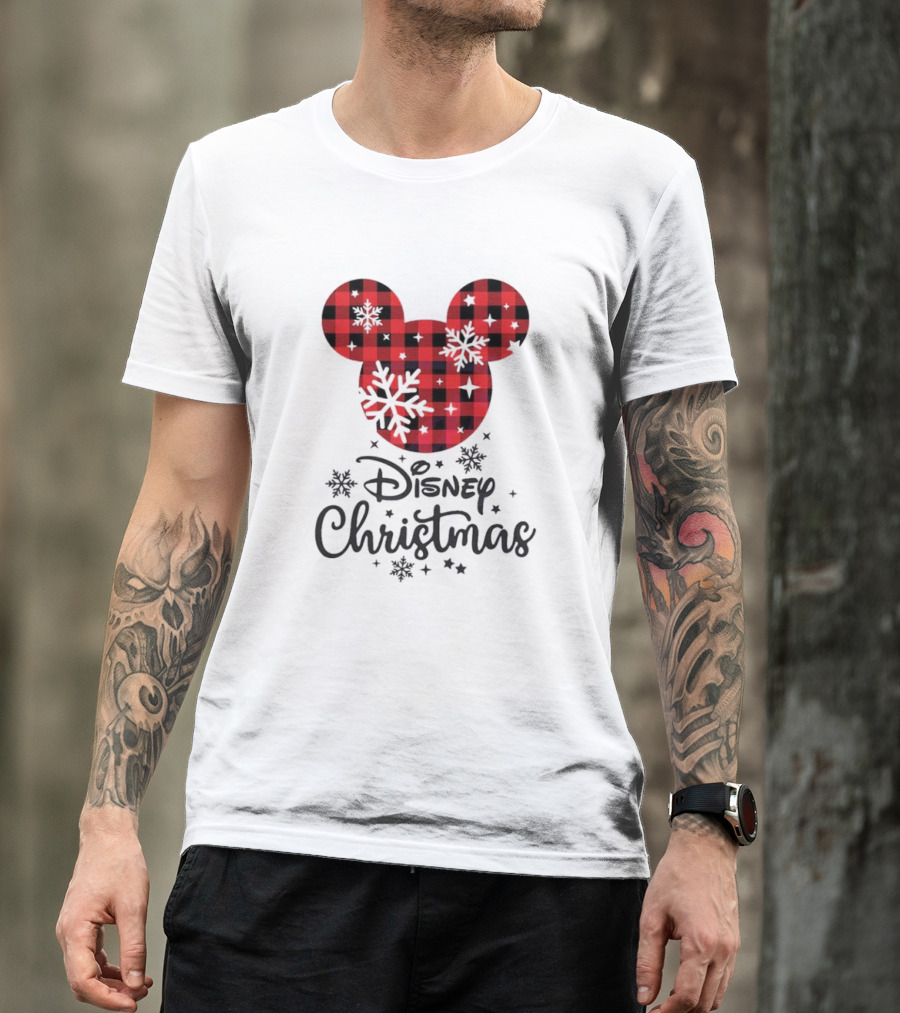 Disney Christmas Plaid Mouse Head With Snowflakes T-Shirt