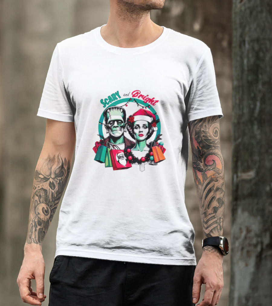 Scary And Bright Horror Christmas Frankenstein And Bride Festive Lights T-Shirt