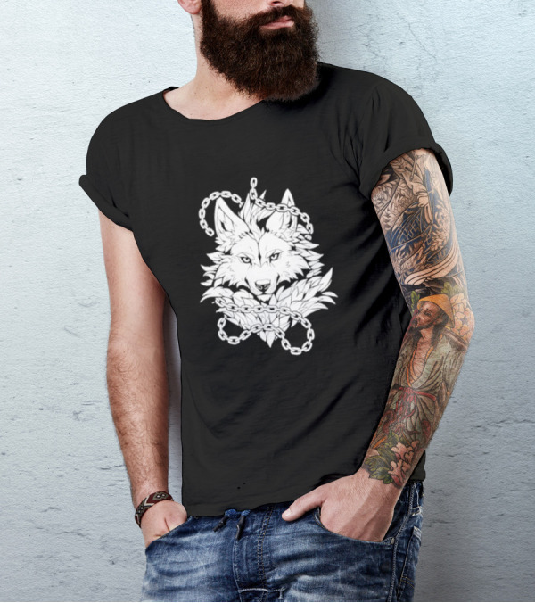 Wolf And Chains Intricate Black White T-Shirt