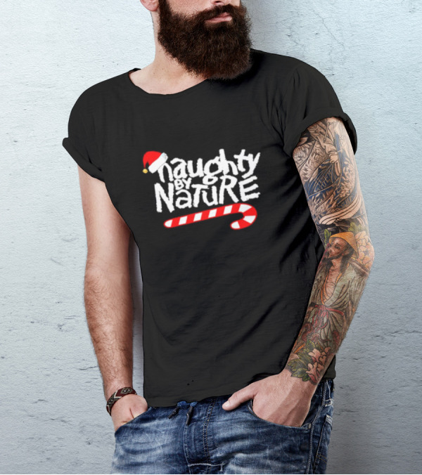 Naughty By Nature Santa Hat Candy Cane Christmas T-Shirt