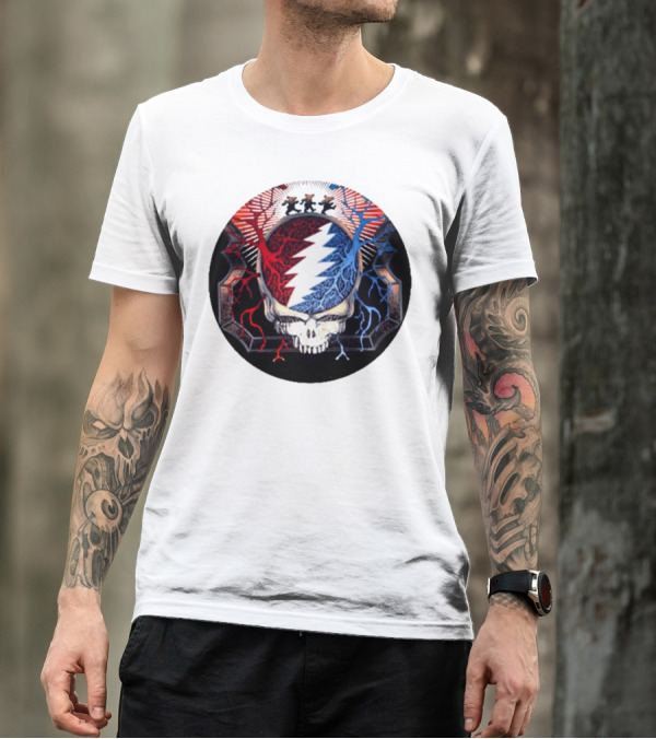 Grateful Dead Skull Bear Red Blue Lightning Bolt Circle T-Shirt