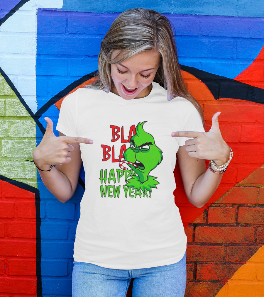 Bla Bla Happy New Year Grinch Candy Cane Image T-Shirt