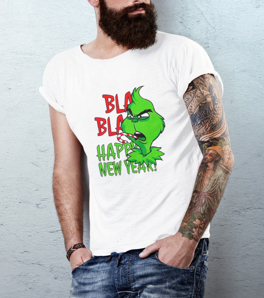 Bla Bla Happy New Year Grinch Candy Cane Image T-Shirt