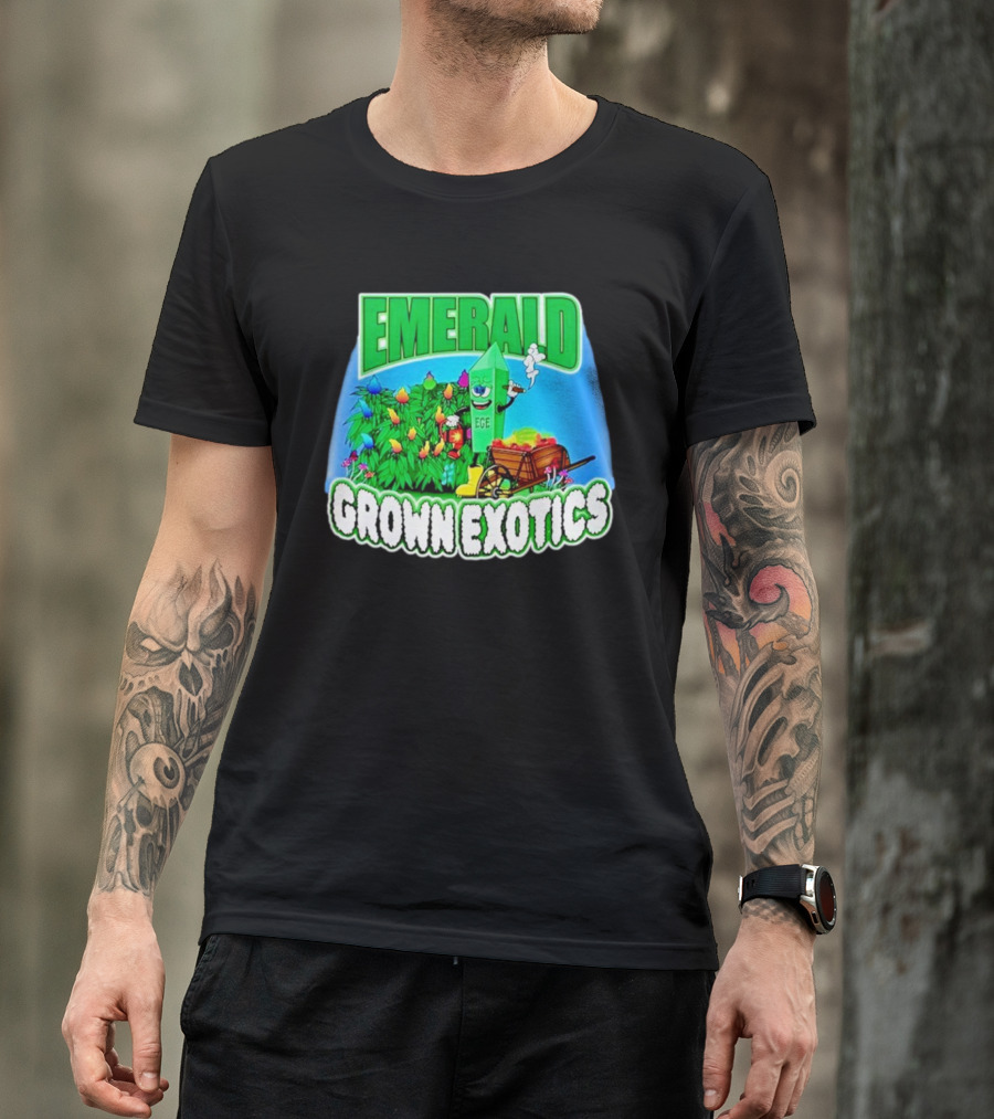 Emerald Grown Exotics Colorful Harvest With EGE Mascot And Wagon T-Shirt