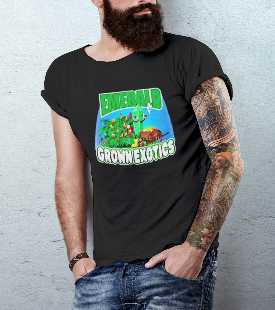 Emerald Grown Exotics Colorful Harvest With EGE Mascot And Wagon T-Shirt
