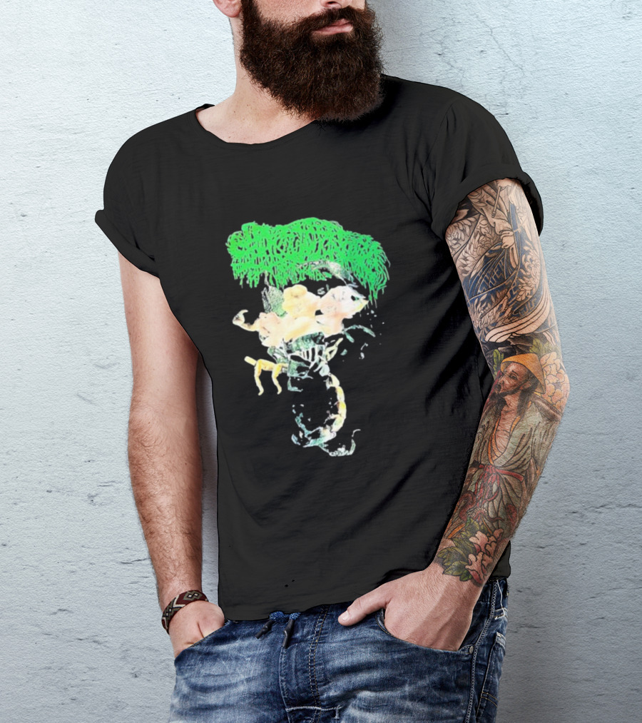 Sanguisugabogg Homicidal Ecstacy Abstract Green Dripping Text With Floral Skull And Spine T-Shirt