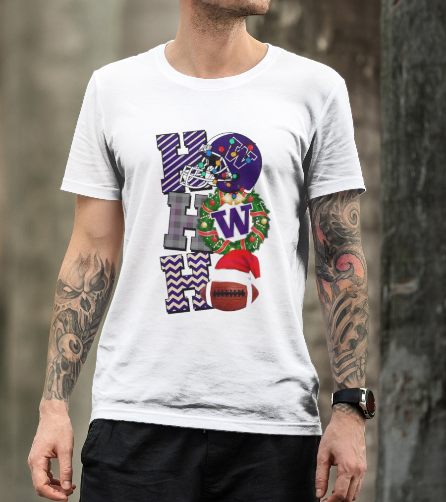 Washington Huskies Football Christmas Helmet Wreath Football Santa Hat Ho Ho Ho T-Shirt