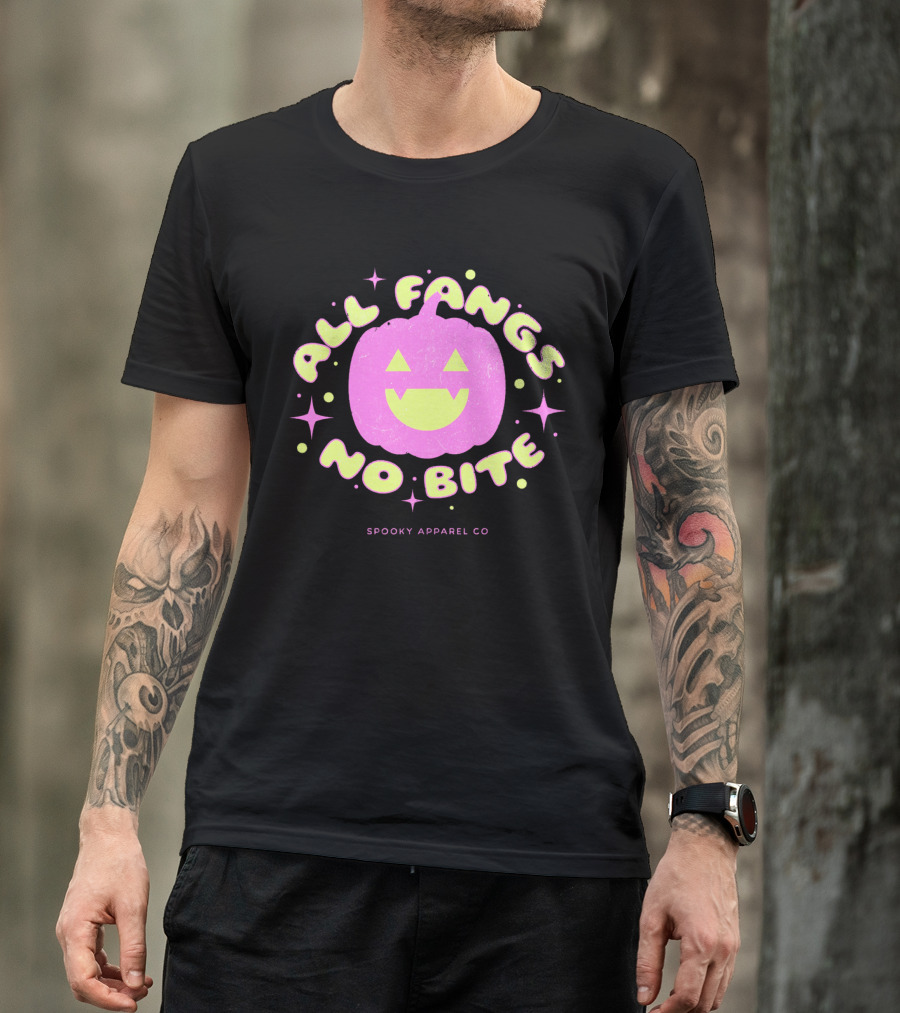 All Fangs No Bite Spooky Apparel Co Halloween Pumpkin T-Shirt