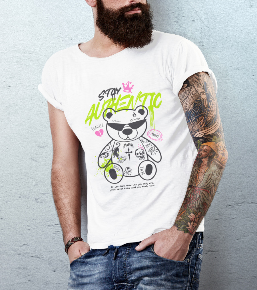 Stay Authentic Graffiti Bear With Pink Crown And Heart T-Shirt