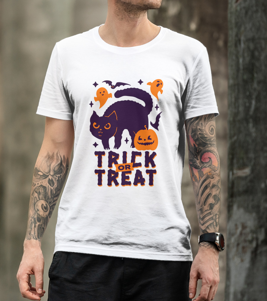 Trick Or Treat Halloween Cats Pumpkins Ghosts And Bats T-Shirt