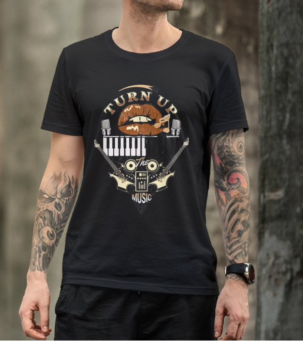TURN UP THE MUSIC Keyboard Guitars And Microphones T-Shirt