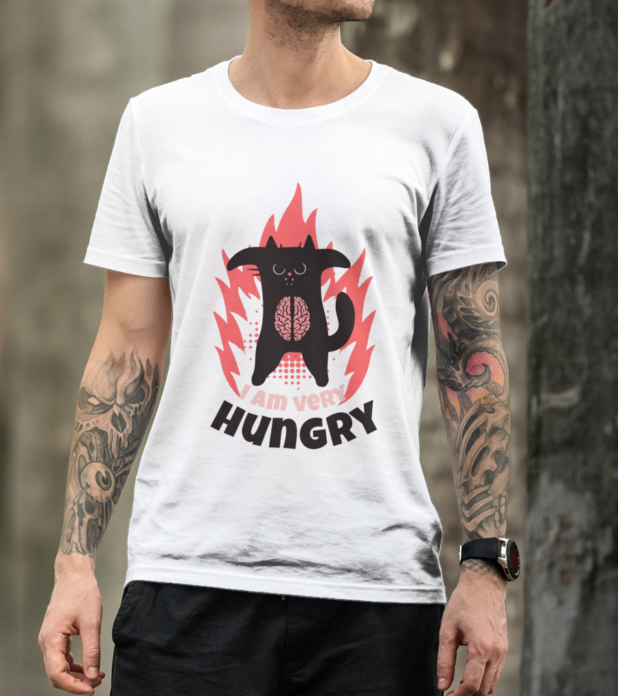 I Am Very Hungry Cat With Brain Design Humor T-Shirt