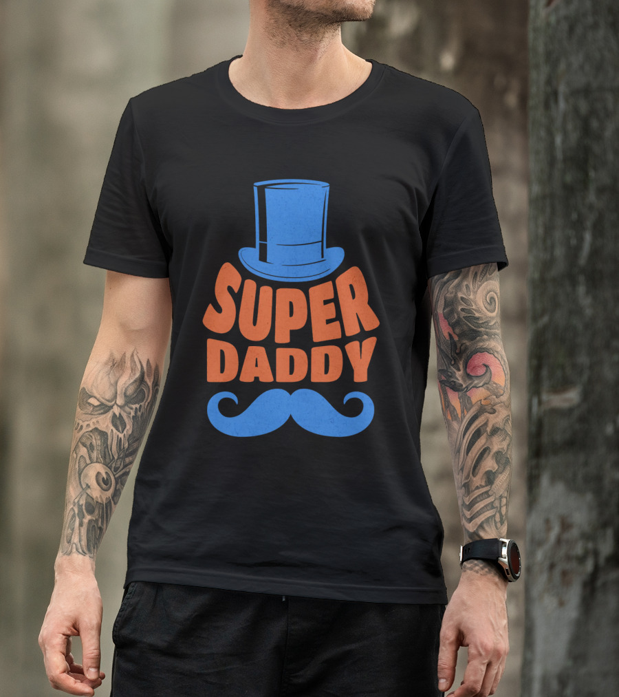 Super Daddy Mustache Top Hat Blue T-Shirt