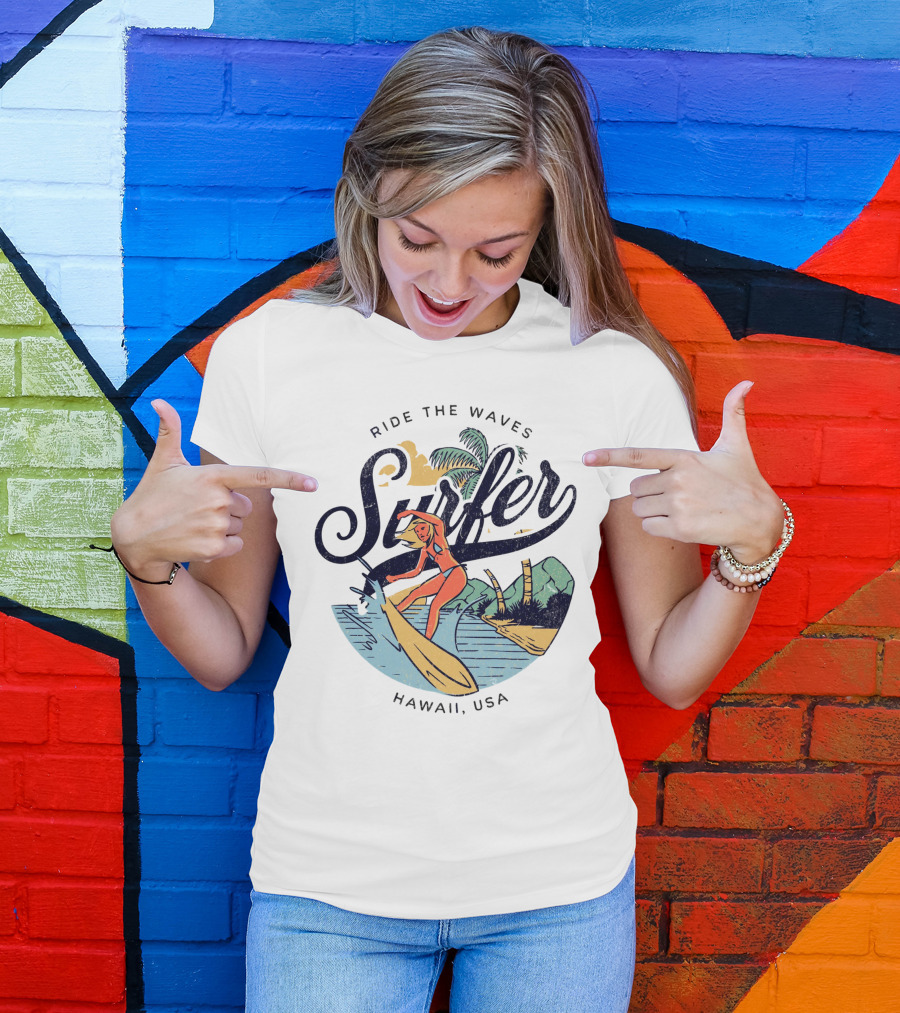 Ride The Waves Surfer Hawaii USA T-Shirt