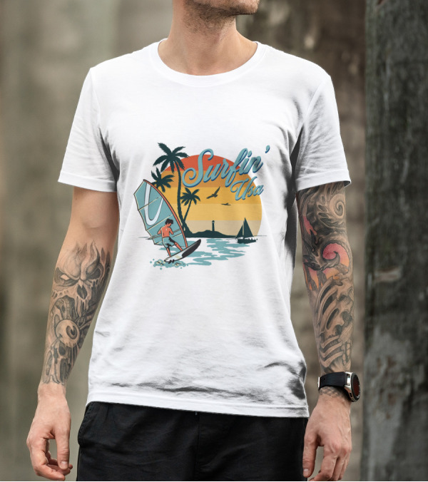 Surfin' Usa Retro Sunset Windsurfer Palm Trees Ocean Scene T-Shirt